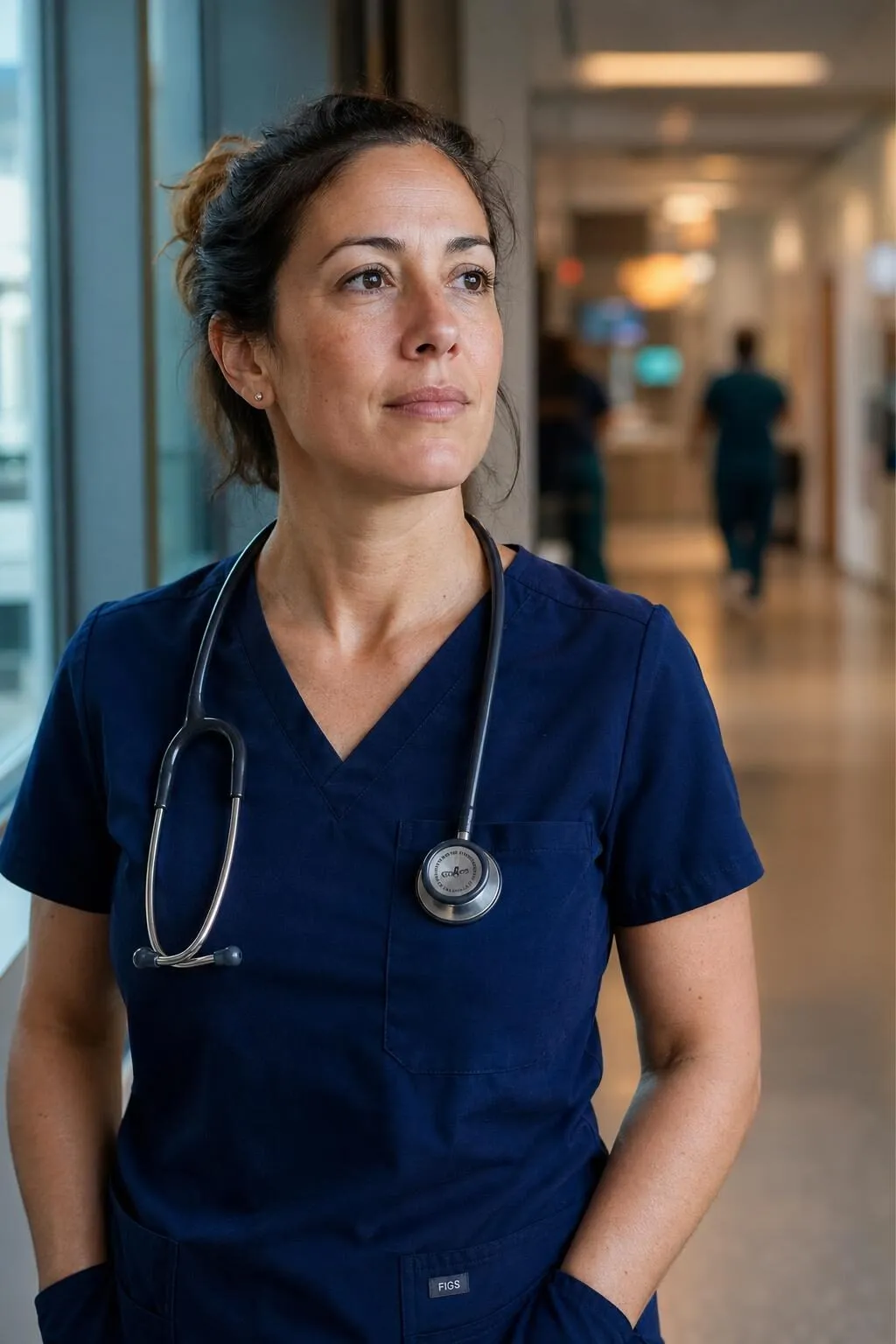Emergency-department physician in a hospital corridor