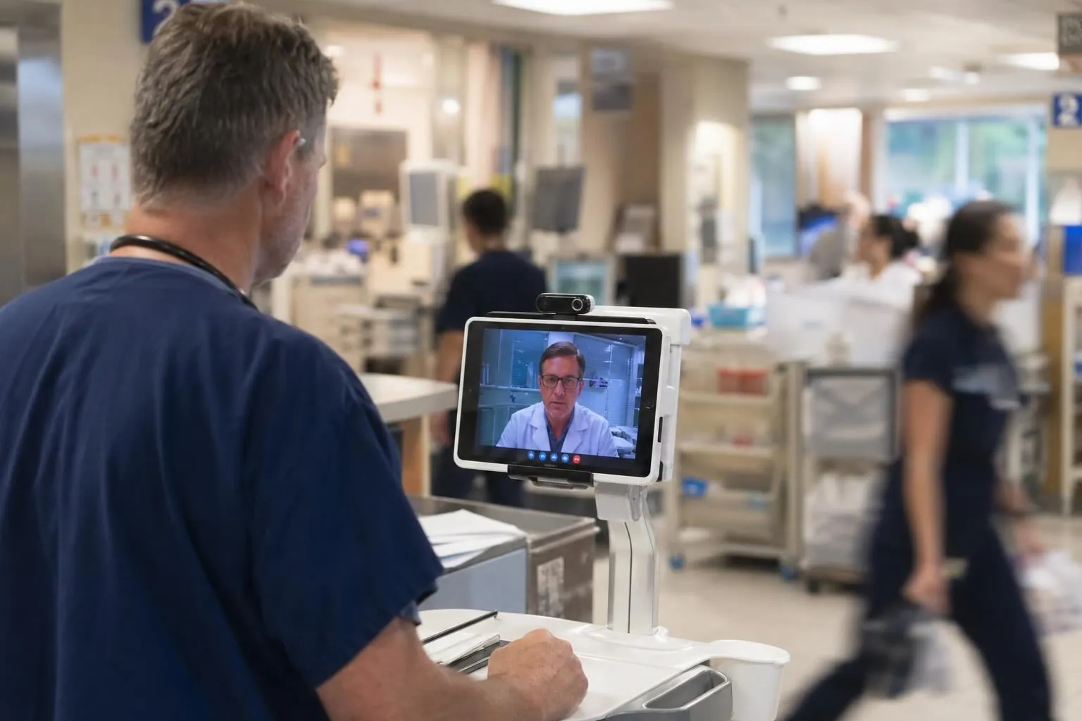 Emergency physician conducting a Tele-MSE consultation on a mobile cart